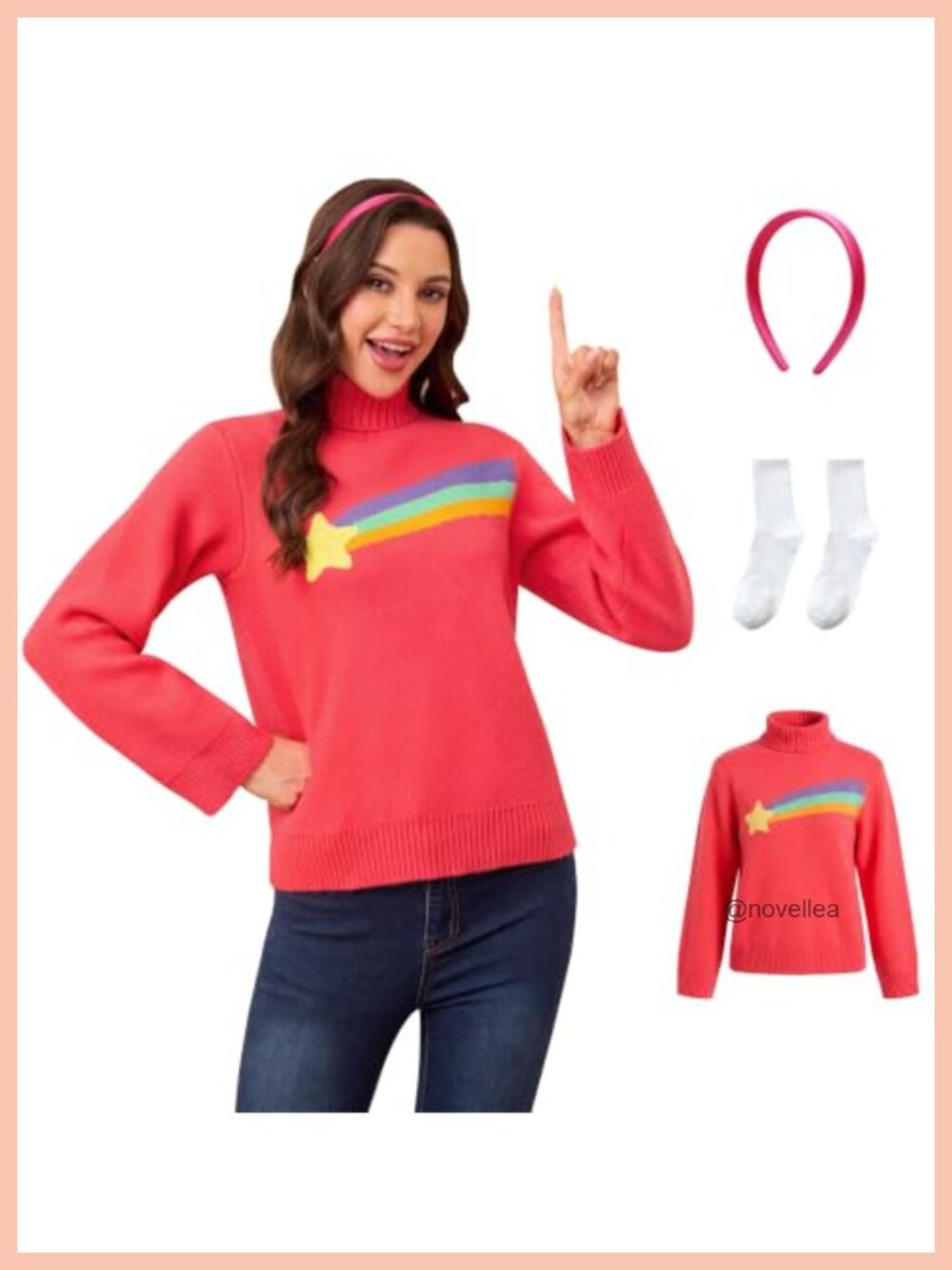 Rainbow Star Knit Turtleneck Sweater Cosplay Costume Set Headband Socks
